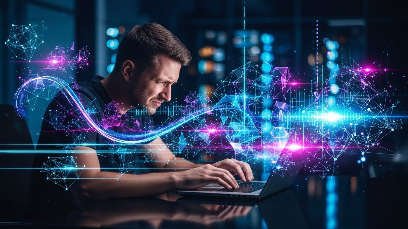 Person using a laptop with colorful AI network visuals for a Smart Prompt Library blog about AI prompting mistakes.