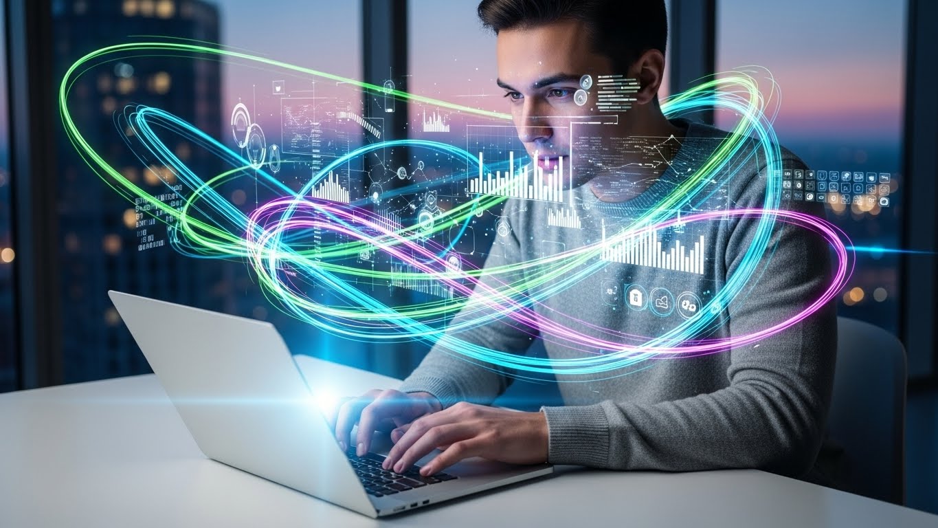 Person using a laptop with digital AI graphics for a Smart Prompt Library blog about AI prompts for productivity.